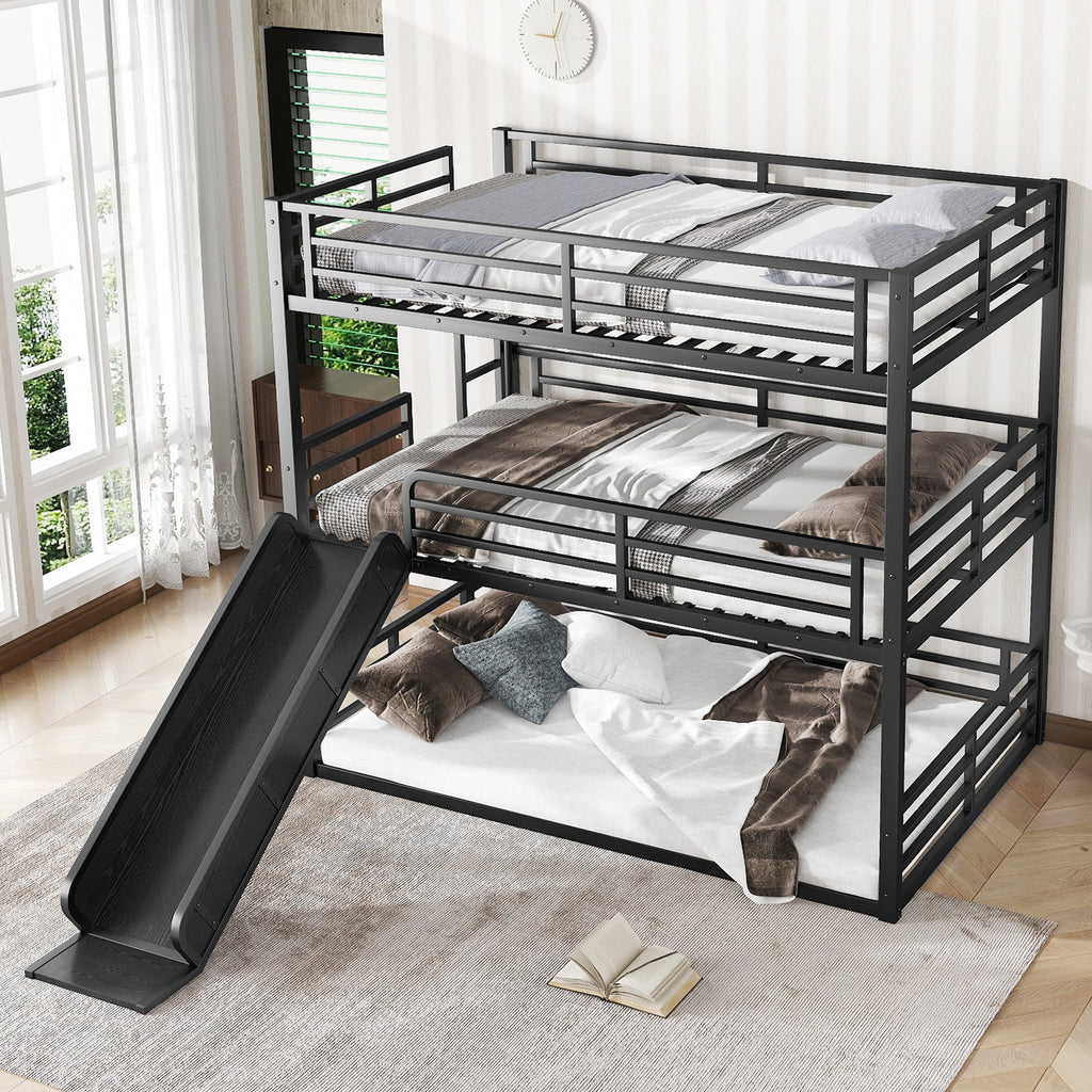 Full Over Full Over Full Bunk Bed with Slide and Guardrails - Metal