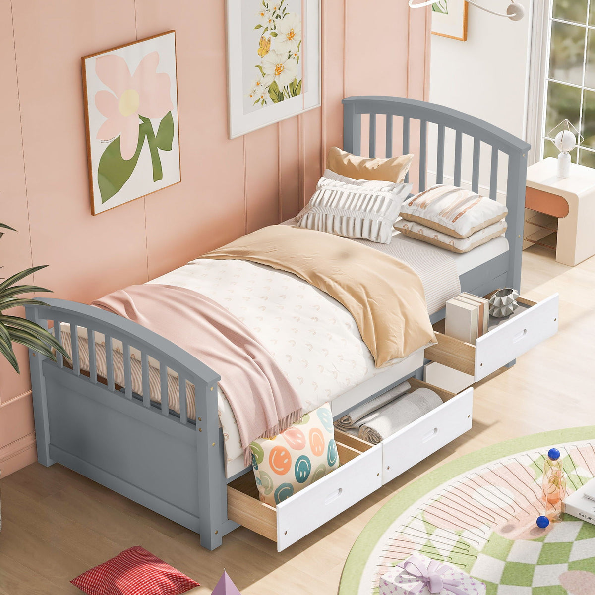 Solid Wood Twin Storage Bed with 6 Drawers - Multiple Colors