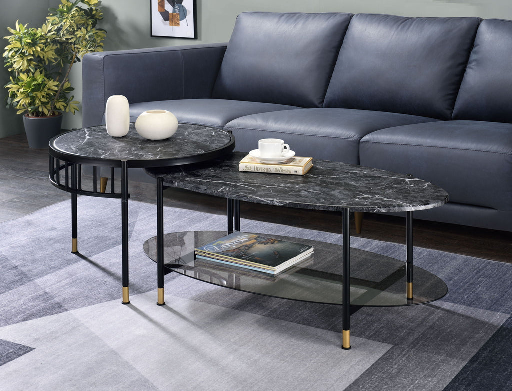 Silas Engineered Stone Top Nesting Tables with Metal Frame - Black