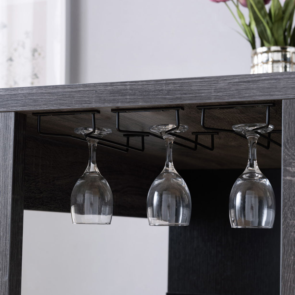 Distressed Gray/Black Home Bar Table with Wine Glass Compartment and Three Shelves