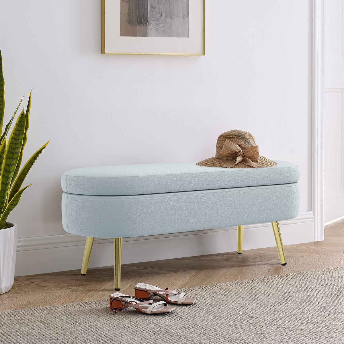 Ottoman Oval Storage Bench with Metal Legs - Flannel Cyan