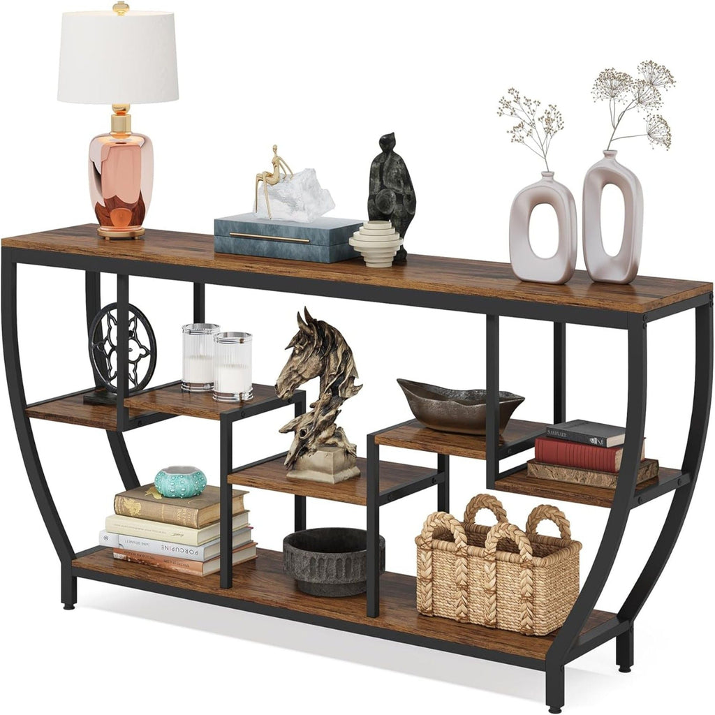 Extra Long Entryway Console Sofa Table with 7 Tier Shelves - Brown / Black