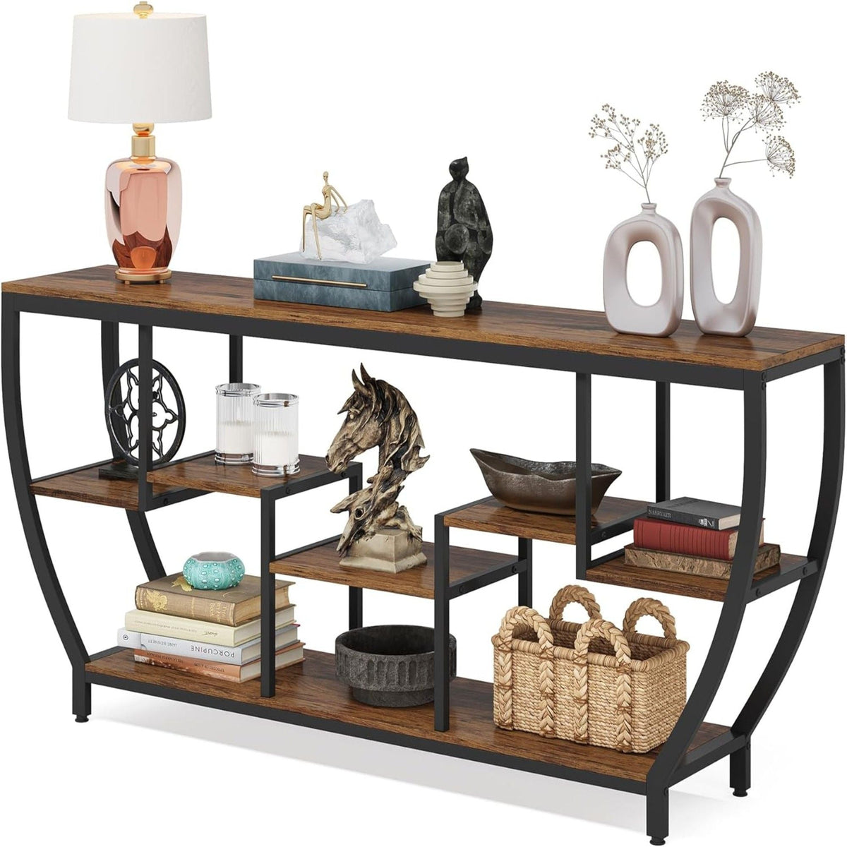 Extra Long Entryway Console Sofa Table with 7 Tier Shelves - Brown / Black