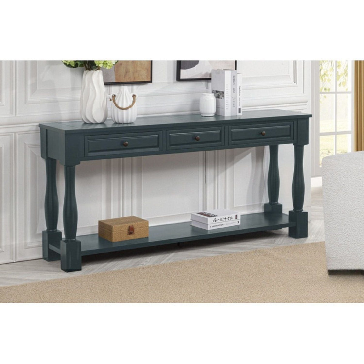 Long Console Table with Drawers and Shelf - Dark Brown or Blue