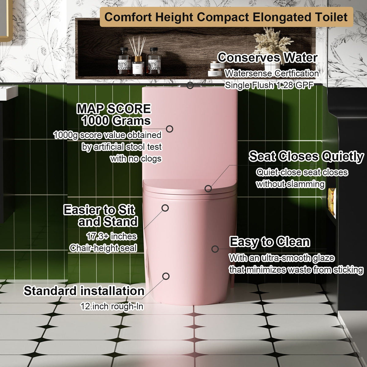 1 Piece Toilet with Tornado Flush and Dual Flush - ADA Height Chair - Gray, Pink, or Black