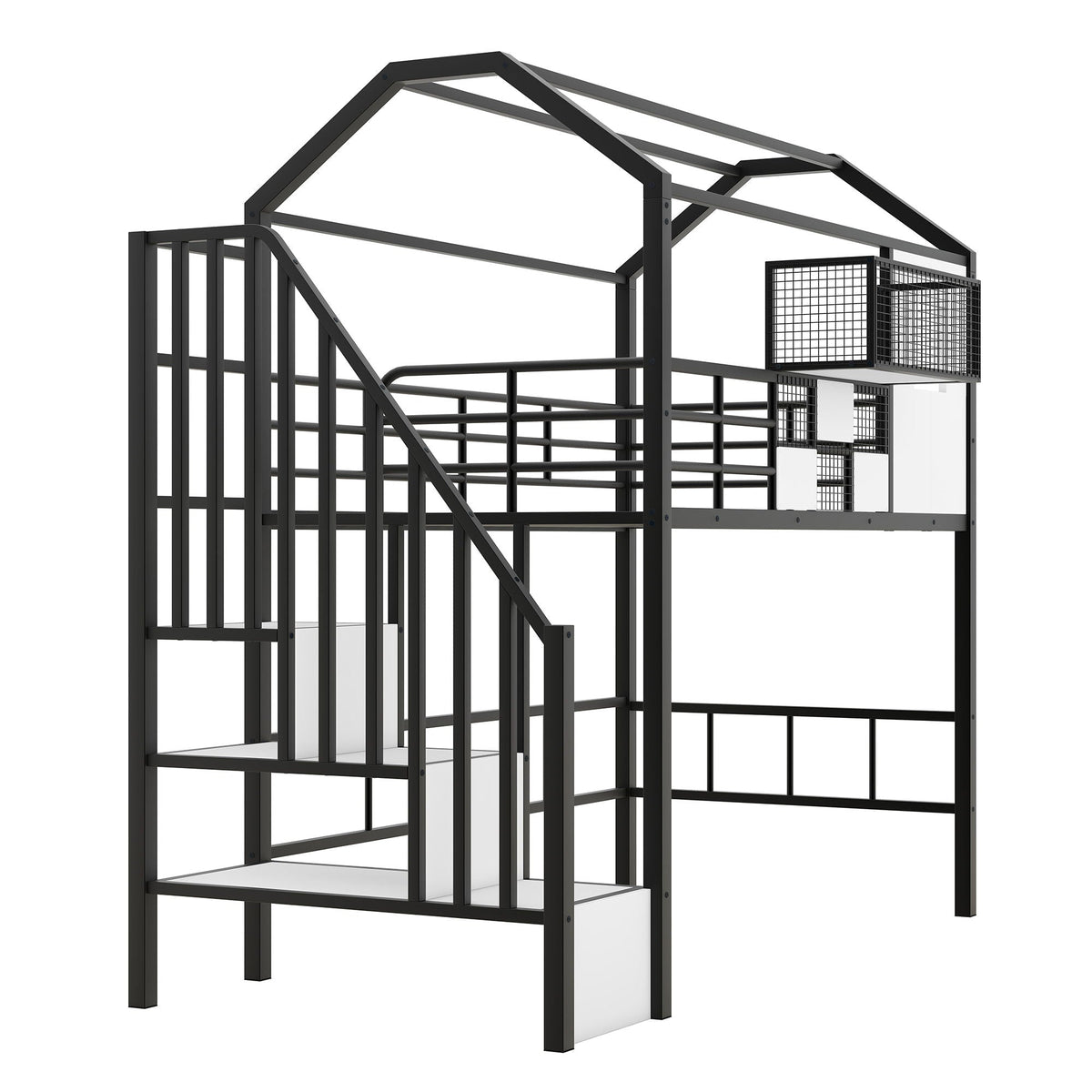 Metal Loft Bed With Roof Design and Storage Box with Guardrails and Integrated Ladder - Twin