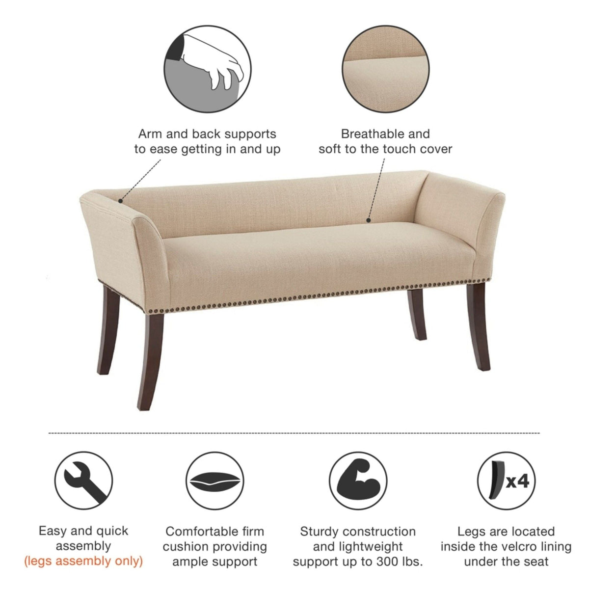 Elegant Design Upholstered Bench with Solid Wood Frame - Gray, Beige or Dark Gray