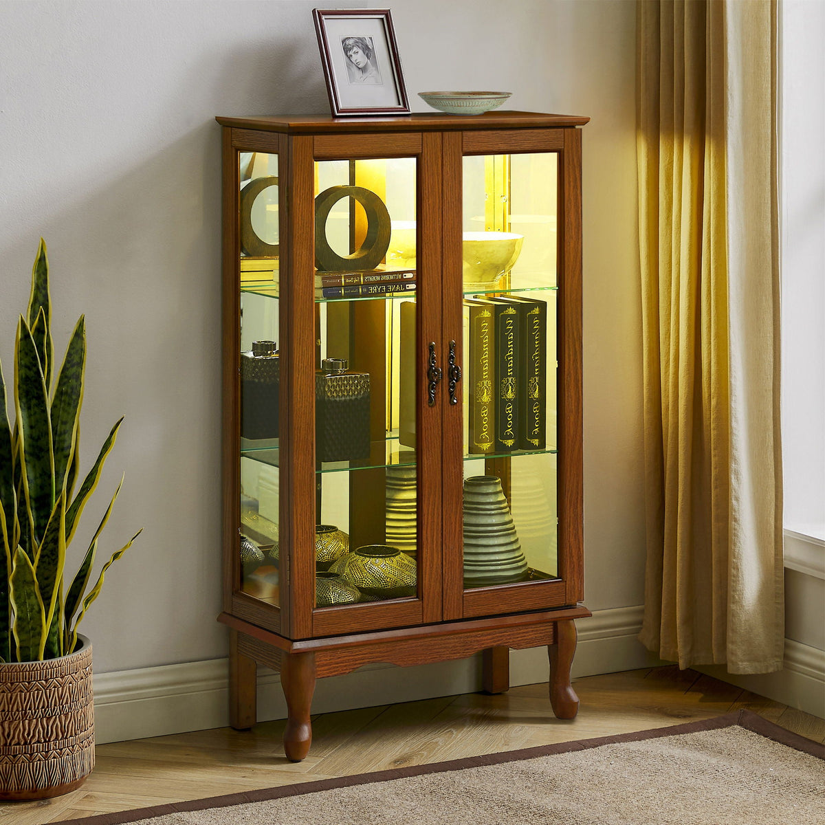 Lighted Curio Display Cabinet with Adjustable Shelves - Light Brown, Dark Brown, Dark Red