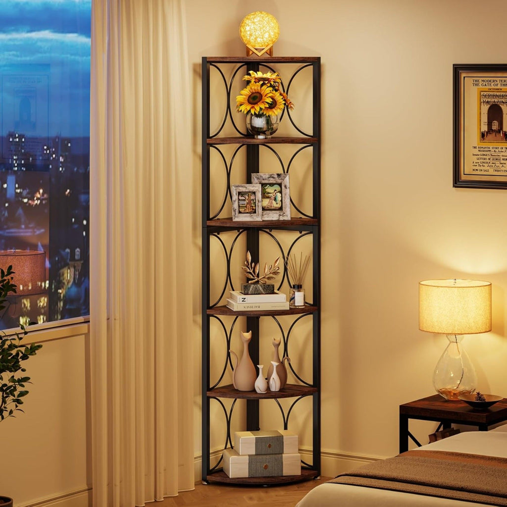 Tall 6 Tier Corner Bookshelf with Durable MDF & Metal Frame - Rustic Brown