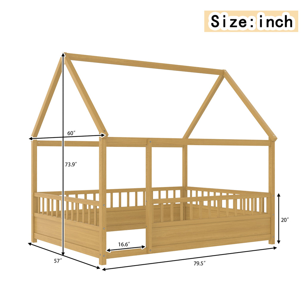 Full Size Wooden Bed with House Roof Frame - Natural