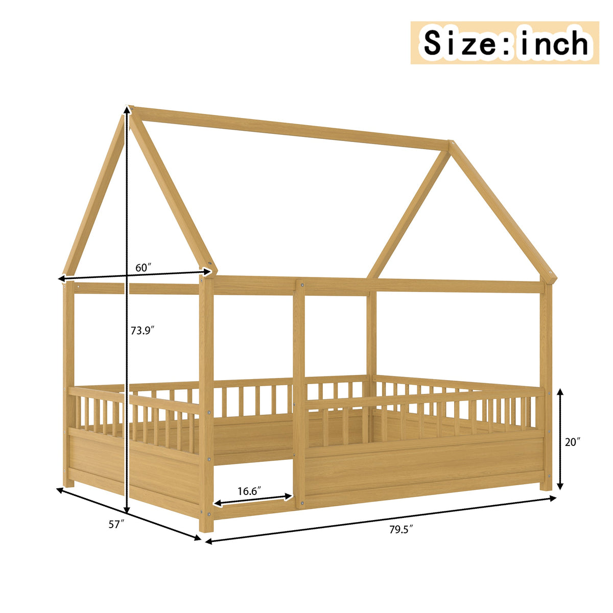 Full Size Wooden Bed with House Roof Frame - Natural