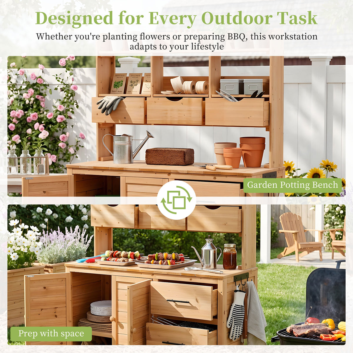 Farmhouse Patio Potting Bench with Storage and Workstation - Natural Wood
