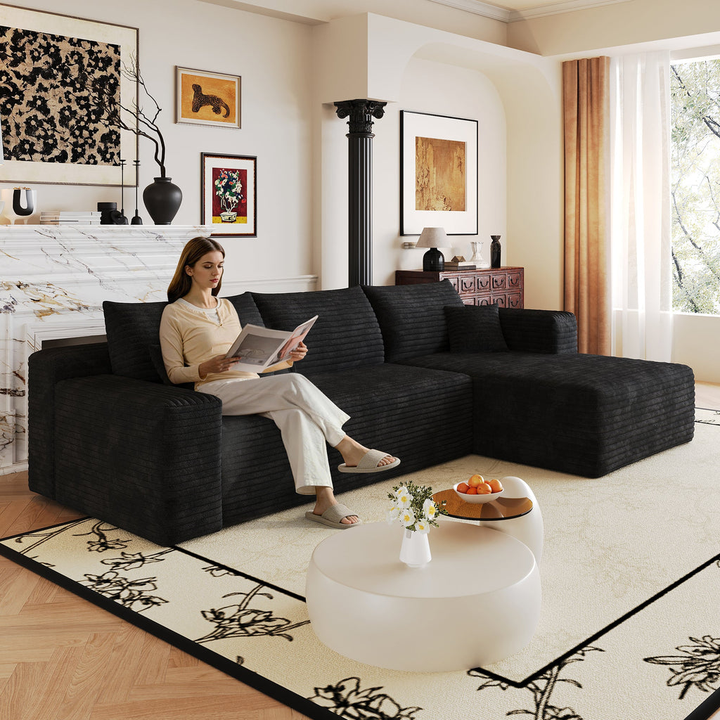Modern Minimalist Cloud Sectional Sofa with Plush Corduroy Fabric - Light Gray