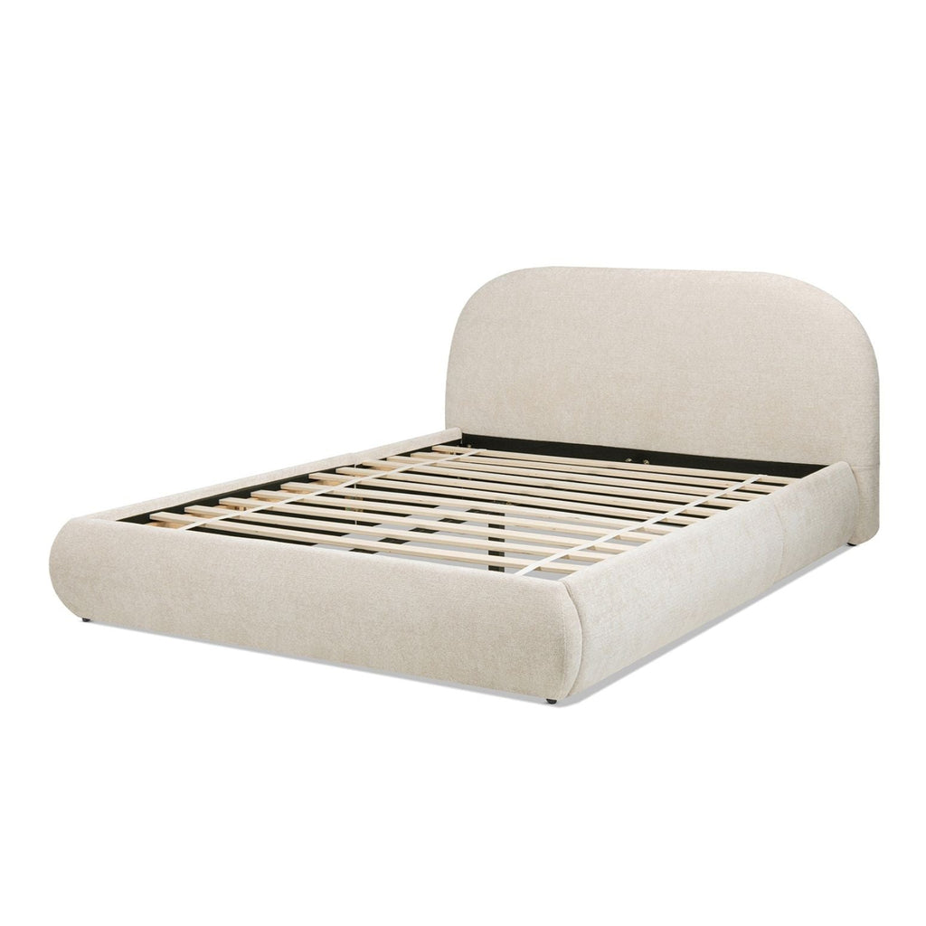 Archie Puffy Grounded Upholstered Platform Bed with Rounded Headboard - Green, White, Beige