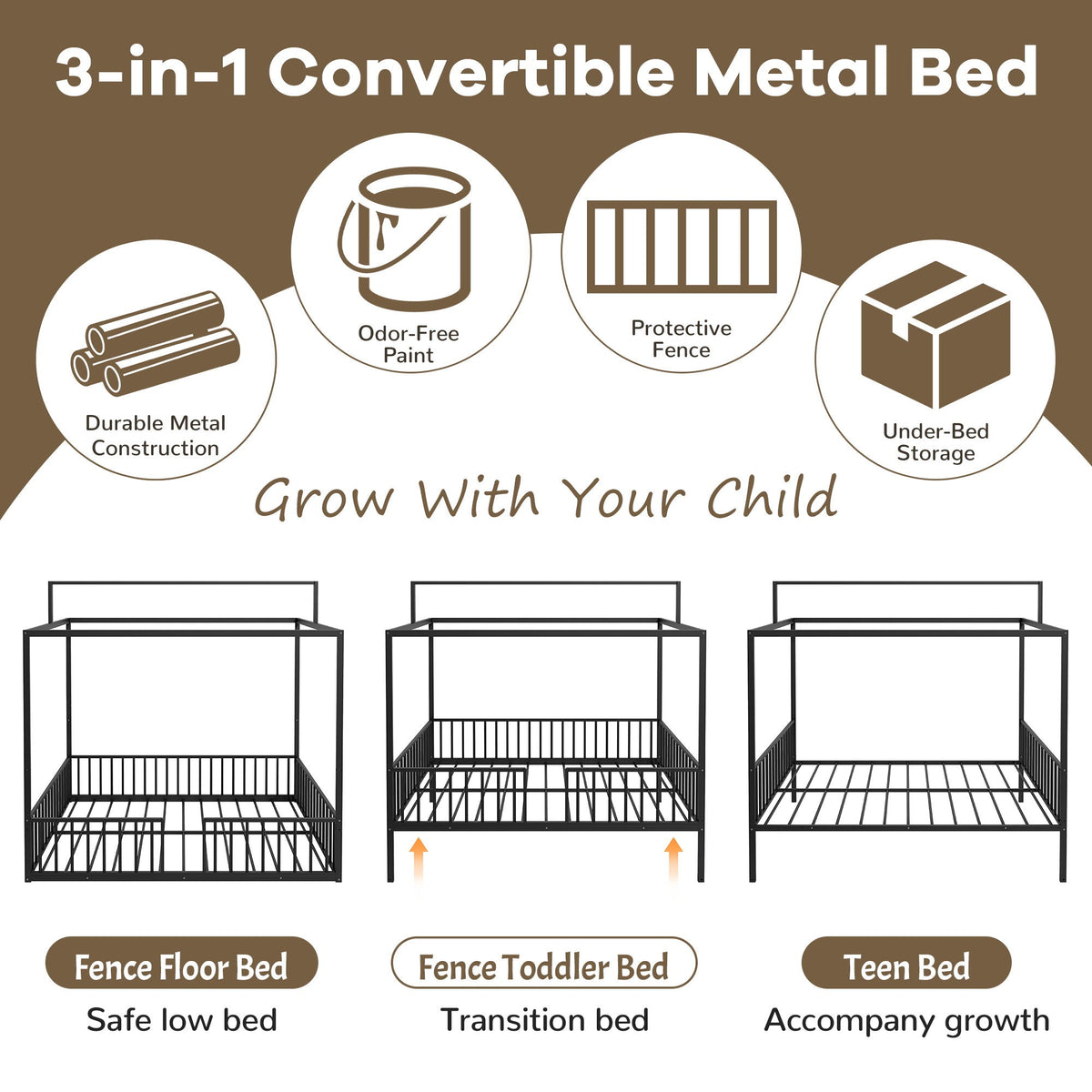 3 In 1 Convertible Montessori Floor Bed with Fenced Support - Full
