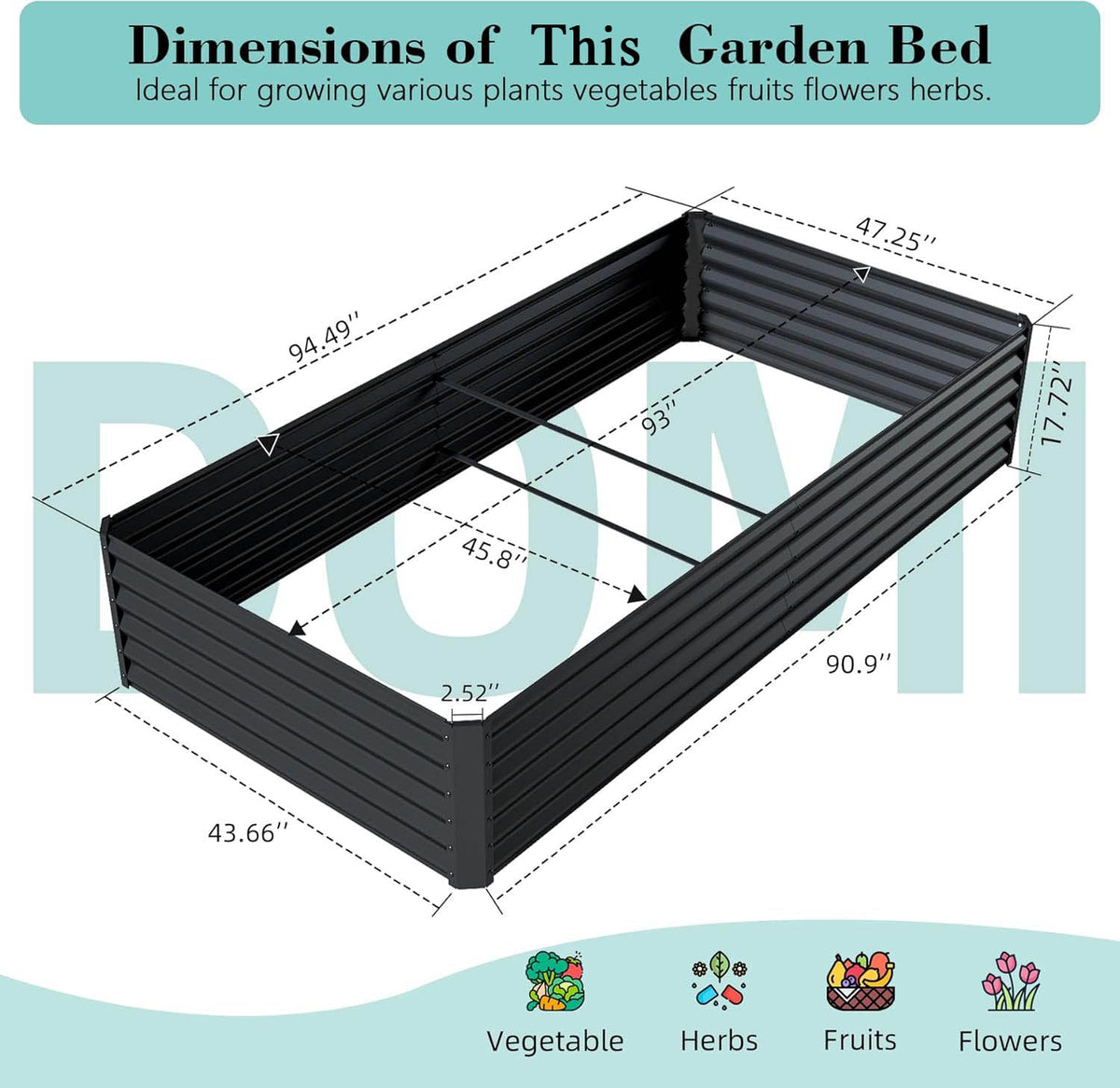 8×4×1.5 ft Galvanized Raised Garden Bed with Support Rods - Dark Gray