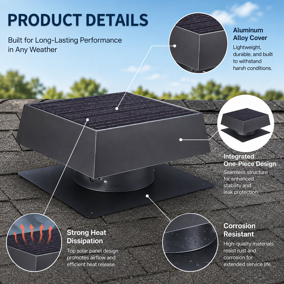12" Flush Mount Solar Attic Vent with Dual Power Roof Exhaust Fan - Black