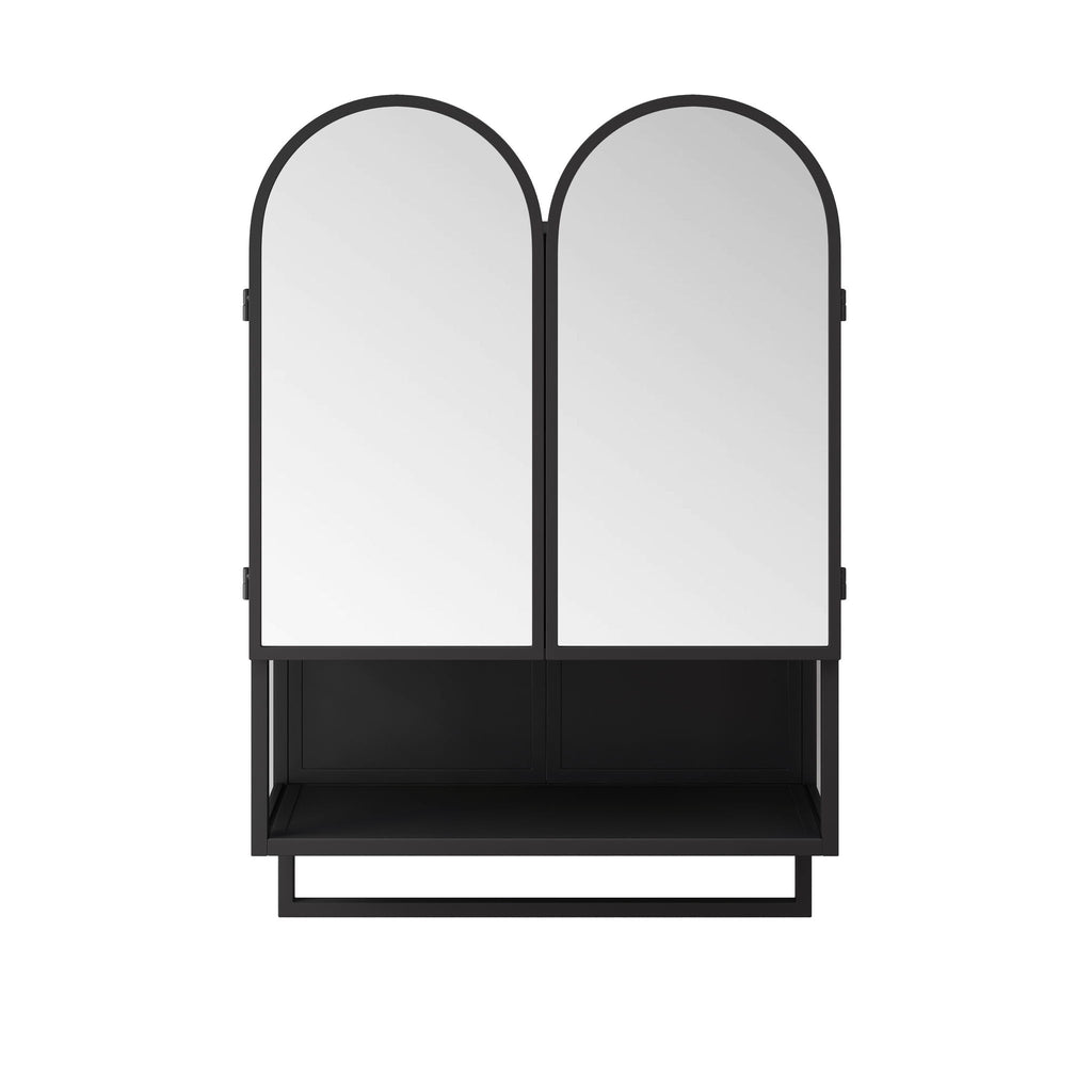 Double Arched Mirror Wall Cabinet with Adjustable Shelves and Towel Rack - Black or White