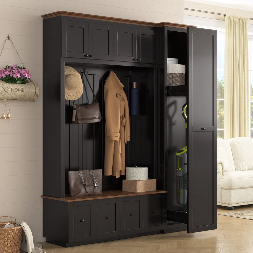 Entryway Hall Tree with Storage Bench and Cabinets – Black or White