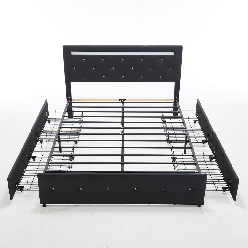 Upholstered Storage Bed Frame with LED Lights and Drawers – White or Black