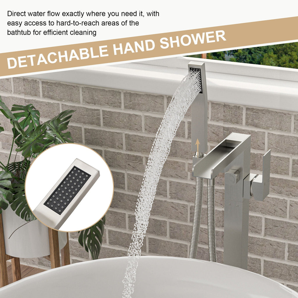 Freestanding Bathtub Faucet Waterfall Tub Filler with Hand Shower - Brushed Nickel