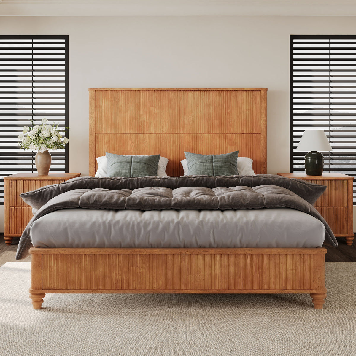Platform Bed Frame with Tall Headboard - Solid Wood, Queen & King Sizes