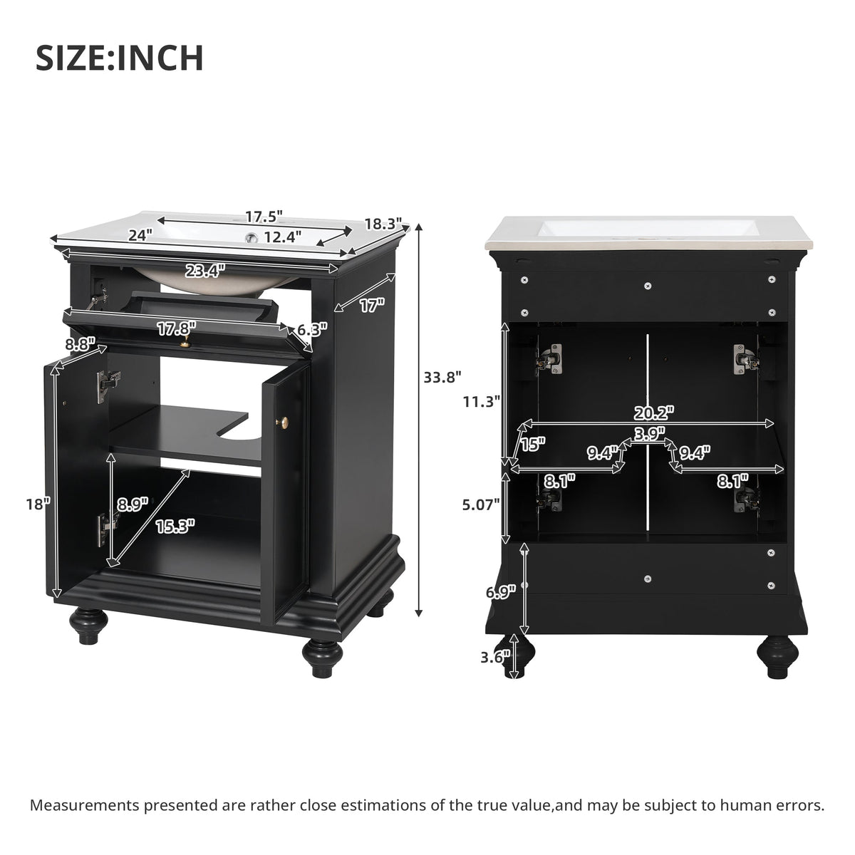 24" Modern Bathroom Vanity with Tip-Out Drawer & Soft-Close Hinges - Black, Green, or White