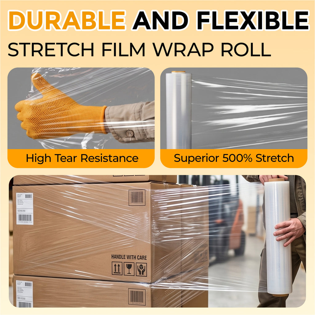 1000ft Industrial Strength Stretch Wrap Film Roll with Handles - Clear Plastic