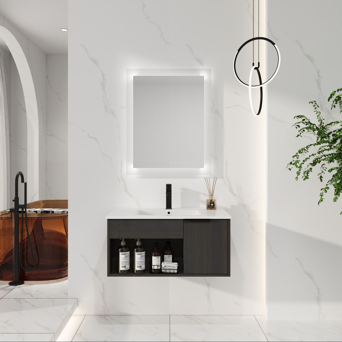 Wall Mounted Floating Bathroom Vanity with Open Shelf & Soft Close Door - Dark Brown