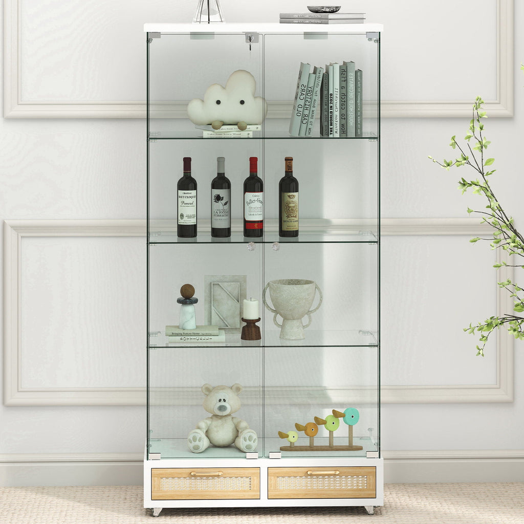 Glass Display Cabinet with LED Lights and Large Drawers - Natural / White