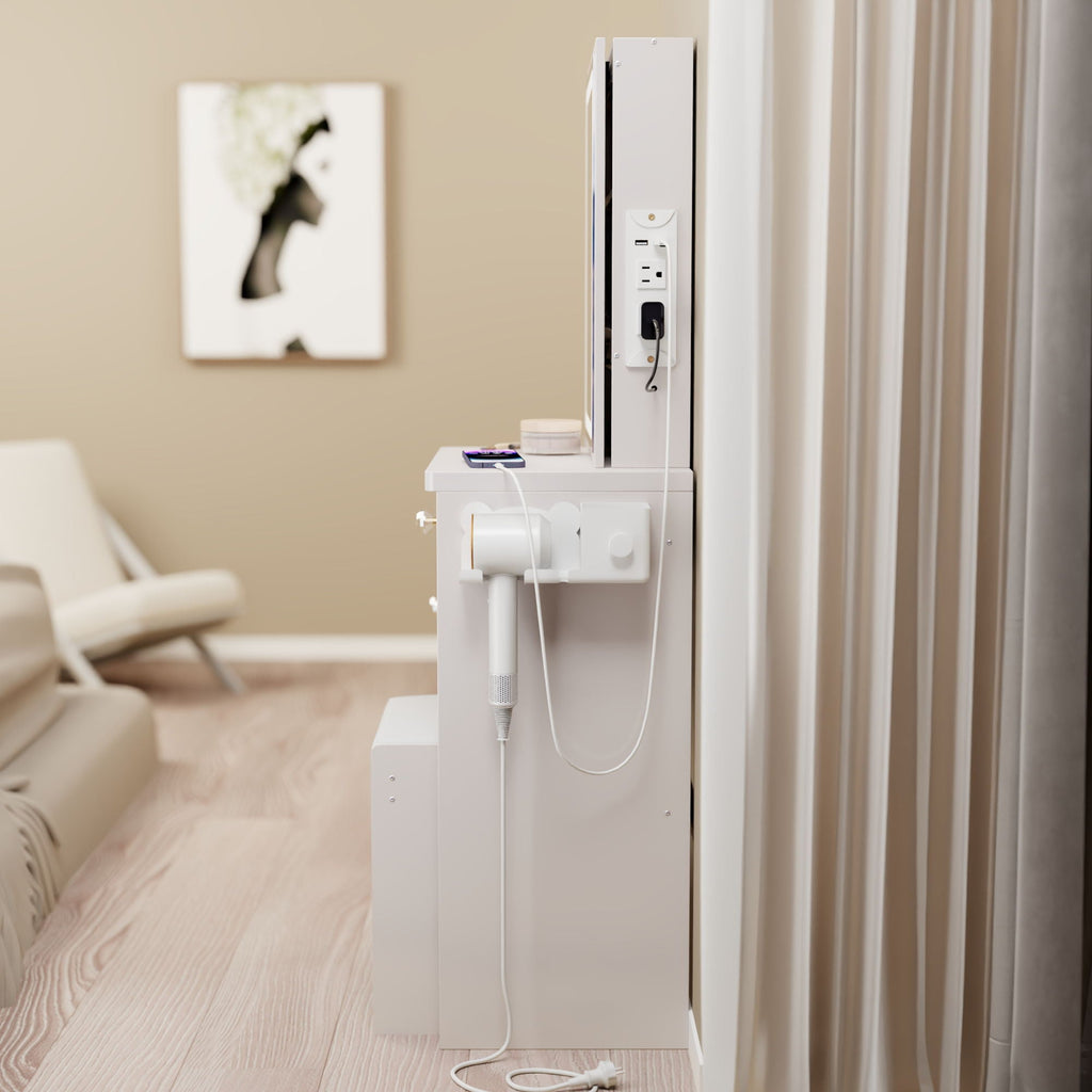 White Vanity Set with USB Power Station and Cushioned Stool