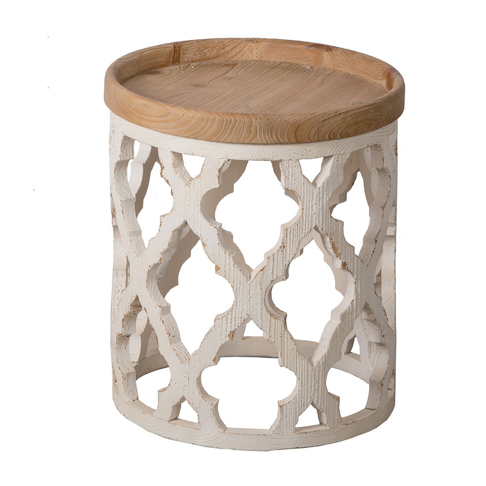 Rustic Round Wooden Side Table with Lattice Detail - Light Brown