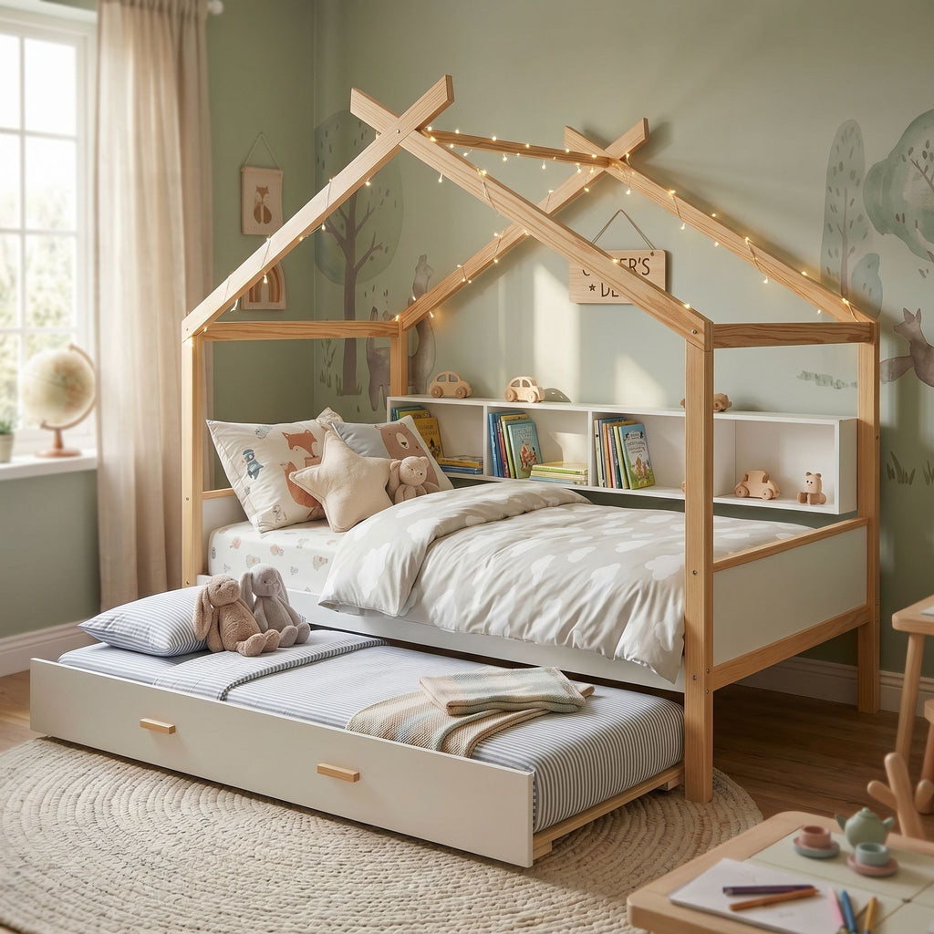 House Bed With Bookshelf Storage and Integrated Shelves - White