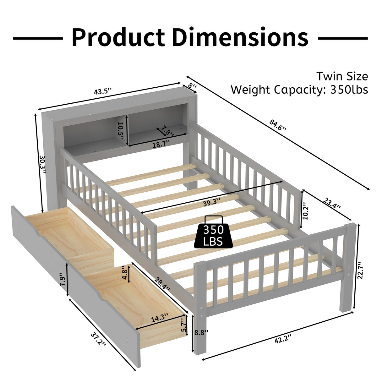 Twin Storage Bed with Headboard Rack & Under-Bed Drawers - Multiple Colors