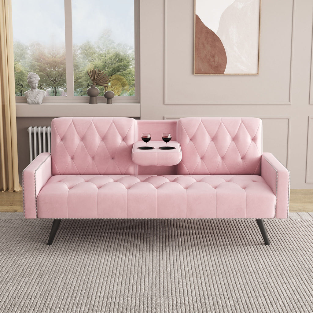 Sofa Bed with Nail Head Trim and Cup Holders - Pink