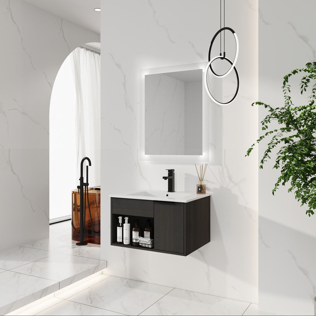 Wall Mounted Floating Bathroom Vanity with Open Shelf & Soft Close Door - Dark Brown