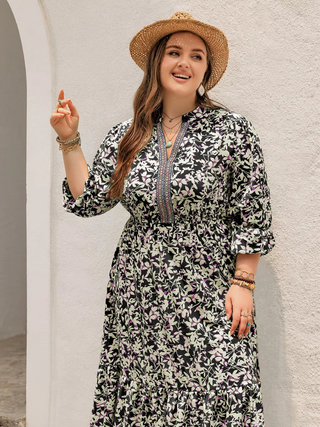 Plus Size Floral Print Long Sleeve Tiered Maxi Dress