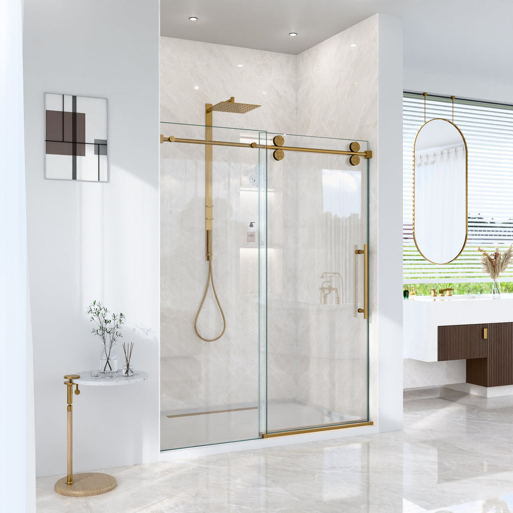 Frameless Sliding Shower Door with Quiet Rollers - Brushed Gold