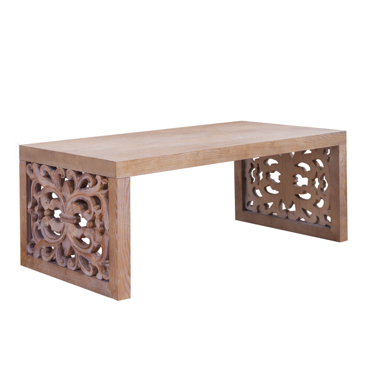 Rustic Carved Wood Coffee Table with Handcrafted Look - Light Brown or Black