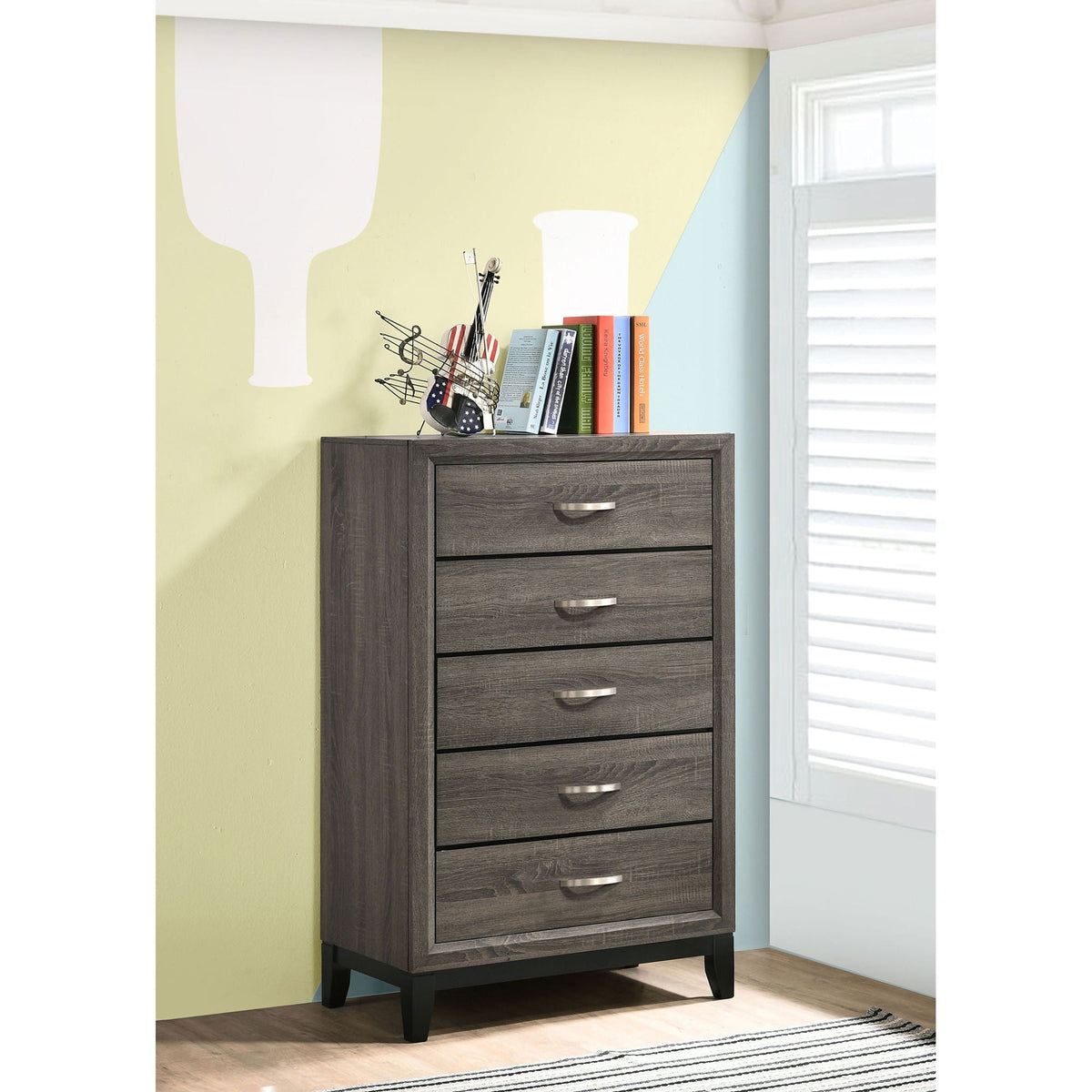 Smoke Gray 5 Drawer Chest with Solid Wood Construction - 5 Drawers