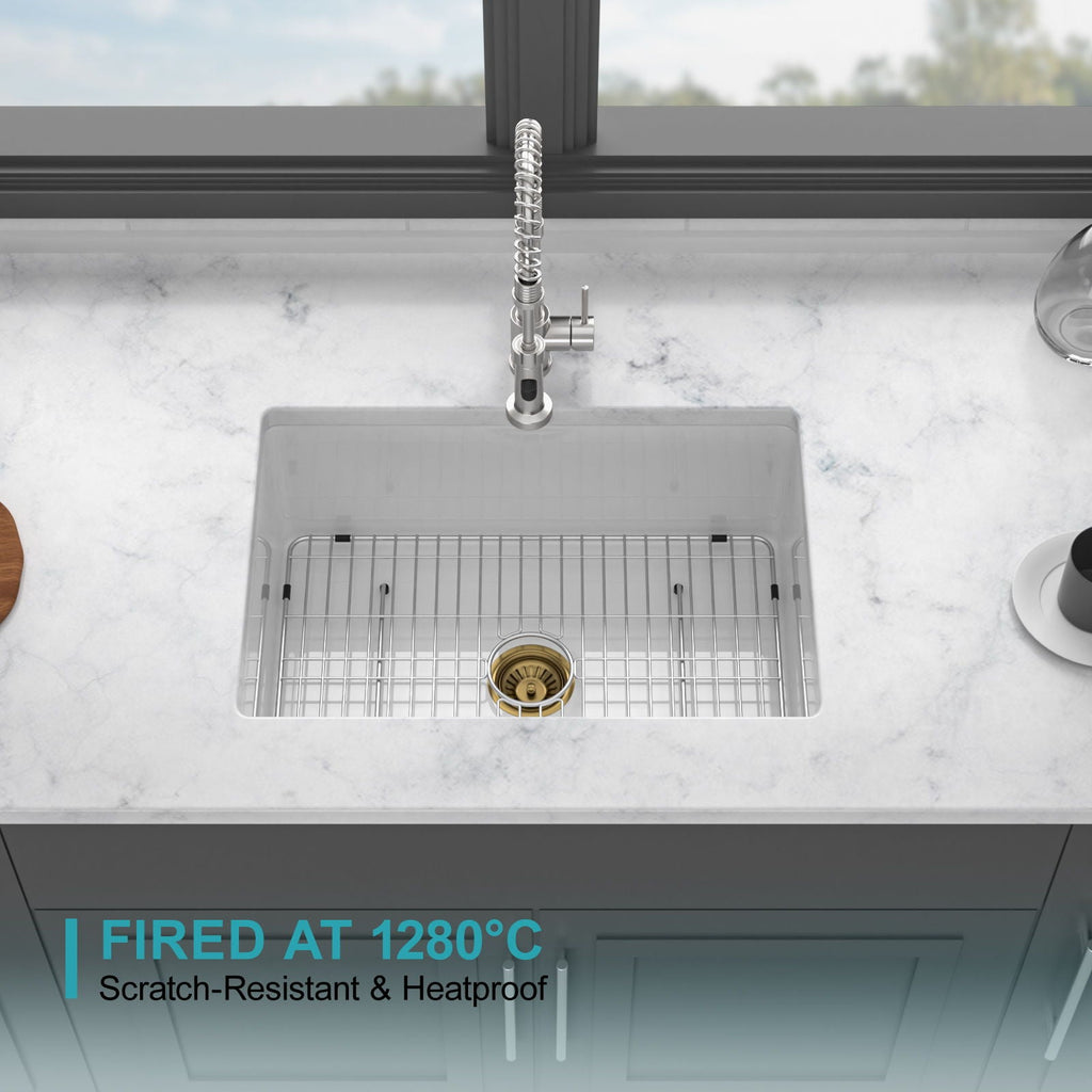 Single Bowl Ceramic Undermount Kitchen Sink with Dual Mount - White