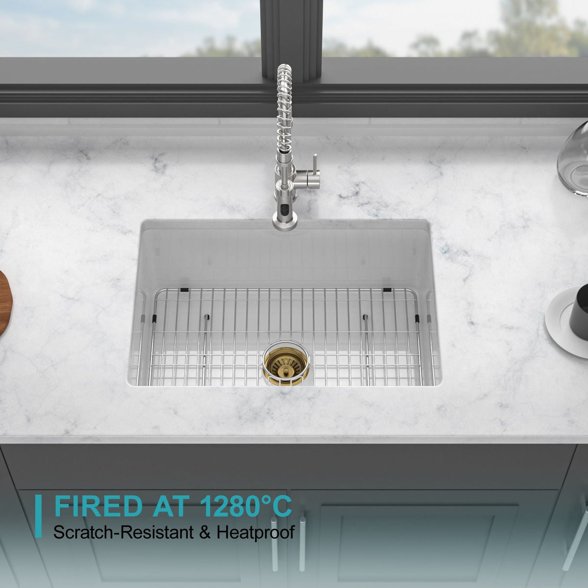 Single Bowl Ceramic Undermount Kitchen Sink with Dual Mount - White