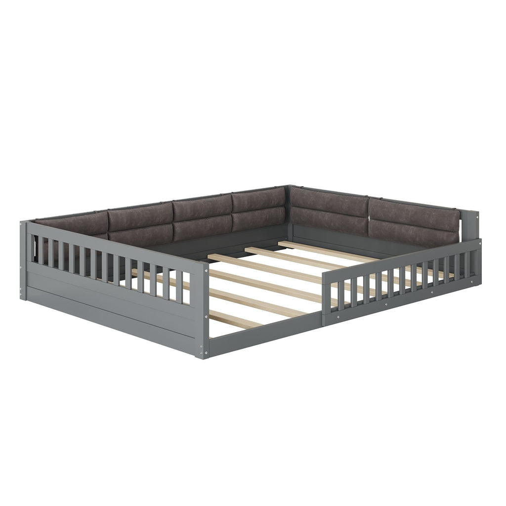 Upholstered Platform Bed with Guardrail and Pillow - Dark Gray