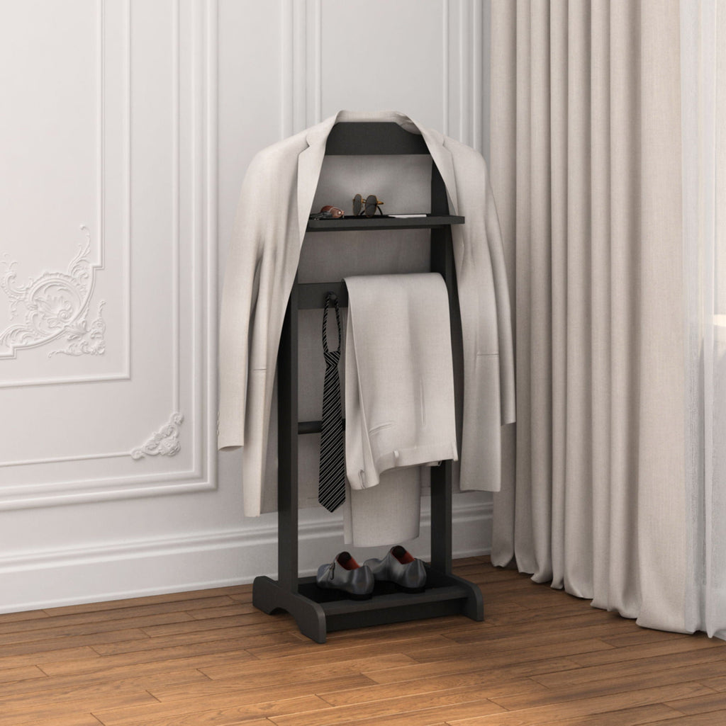 Black Garment Valet Stand with Storage Organizer - Portable Clothes Rack