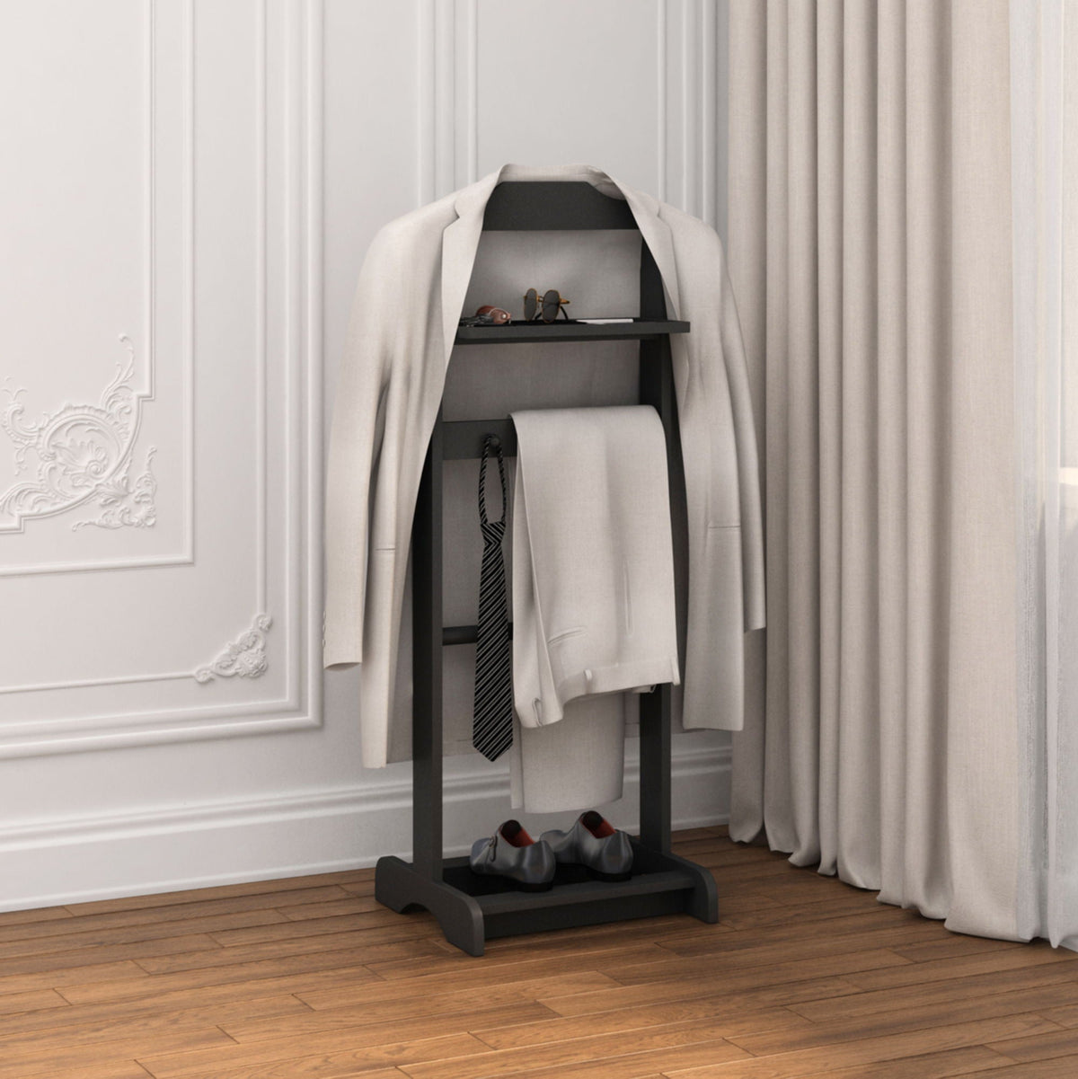 Black Garment Valet Stand with Storage Organizer - Portable Clothes Rack