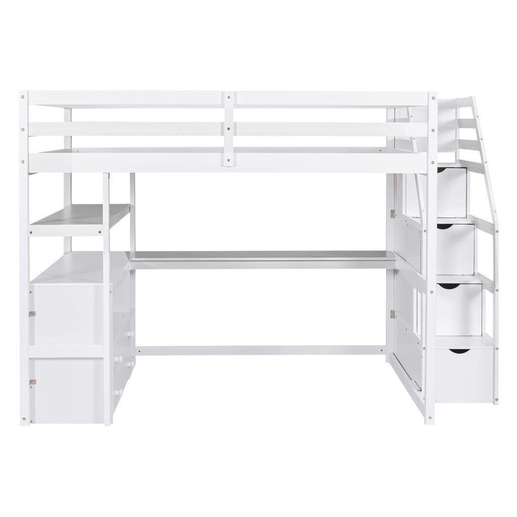 Loft Bed with Desk and Storage Staircase - Full or Twin, White or Gray