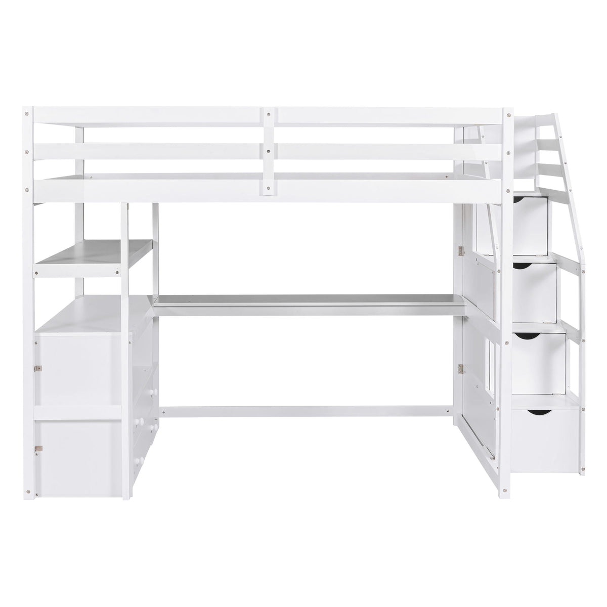 Loft Bed with Desk and Storage Staircase - Full or Twin, White or Gray