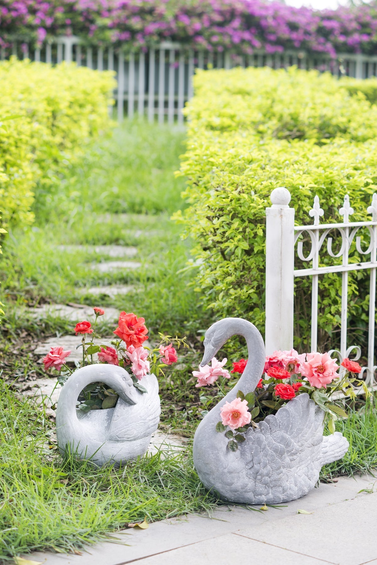MGO Swan Planter with Decorative Sculpted Design - White