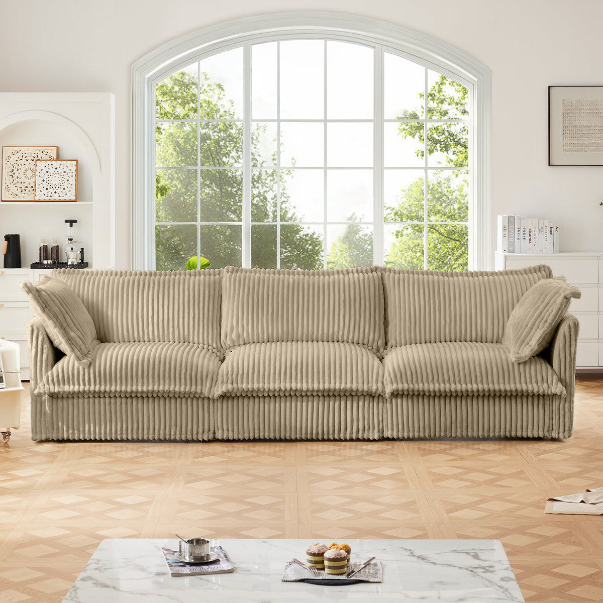 Modern 3 Seater Slipcovered Sofa with Deep Seats - Camel Corduroy