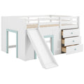 Modern Low Loft Bed with Slide, 3 Storage Drawers and 2 Doors - White
